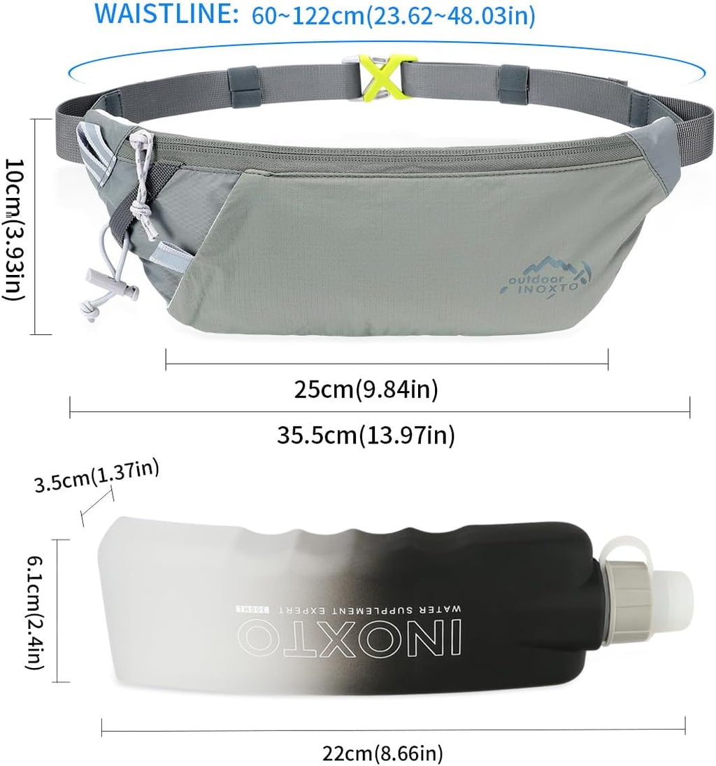 INOXTO Slim Running Belt Fanny Pack for Women and Men Sports Waist Bag Pack with 300ml Water Bottle for Running Walking Cycling Hiking Reflective Running Pouch Belt for All Phones (Black) (Gray)