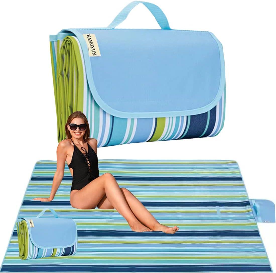 K Y KANGYUN Beach Blanket Outdoor Picnic Blankets Mat 80"x60" Extra Large Waterproof Sand Proof Camping Blanket Lightweight Folding Portable Travel Blanket for Family Park Beach Grass (Blue Line)