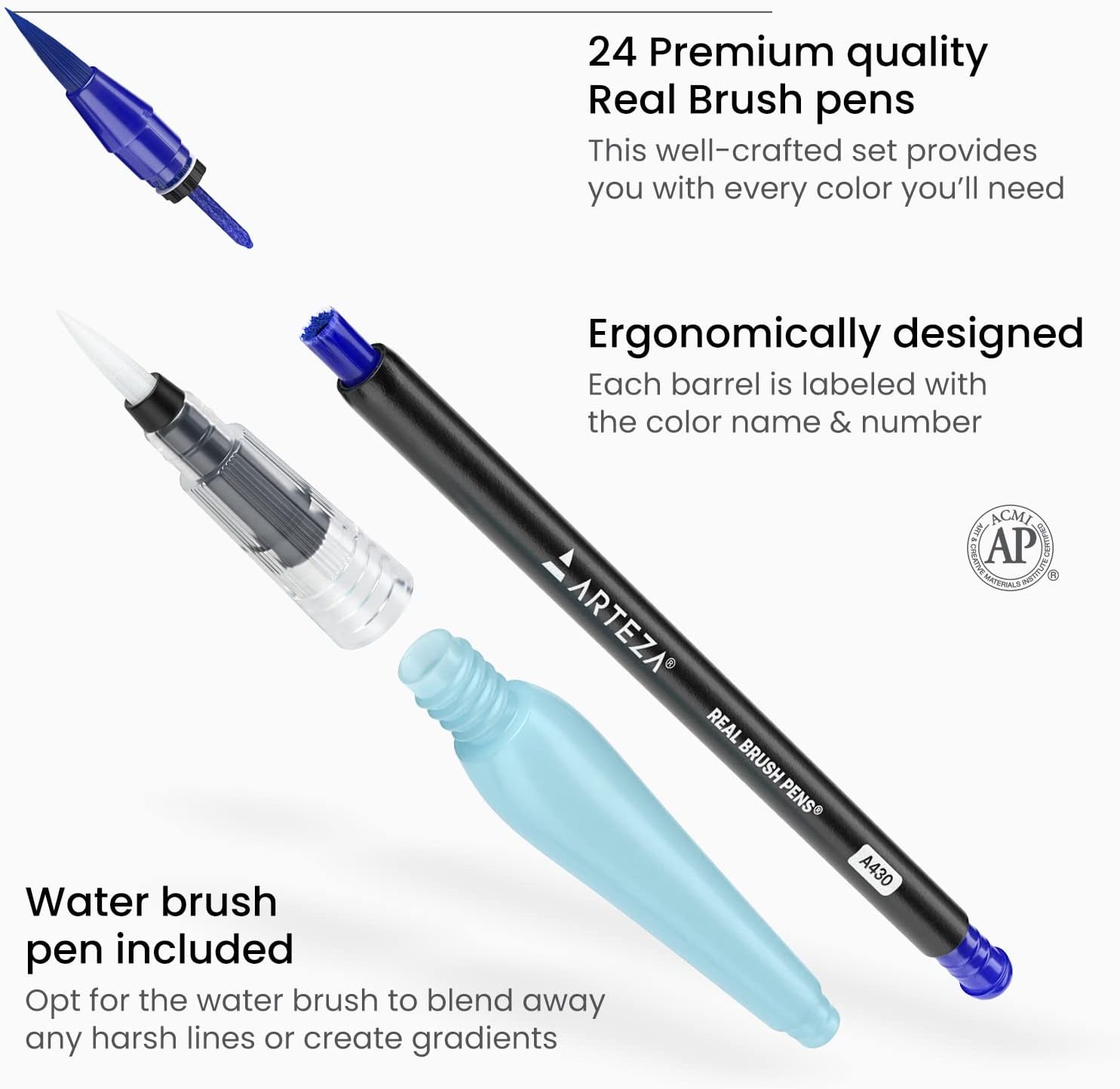 ARTEZA Real Brush Pens, 24 Watercolor Markers, Flexible Nylon Brush Tips