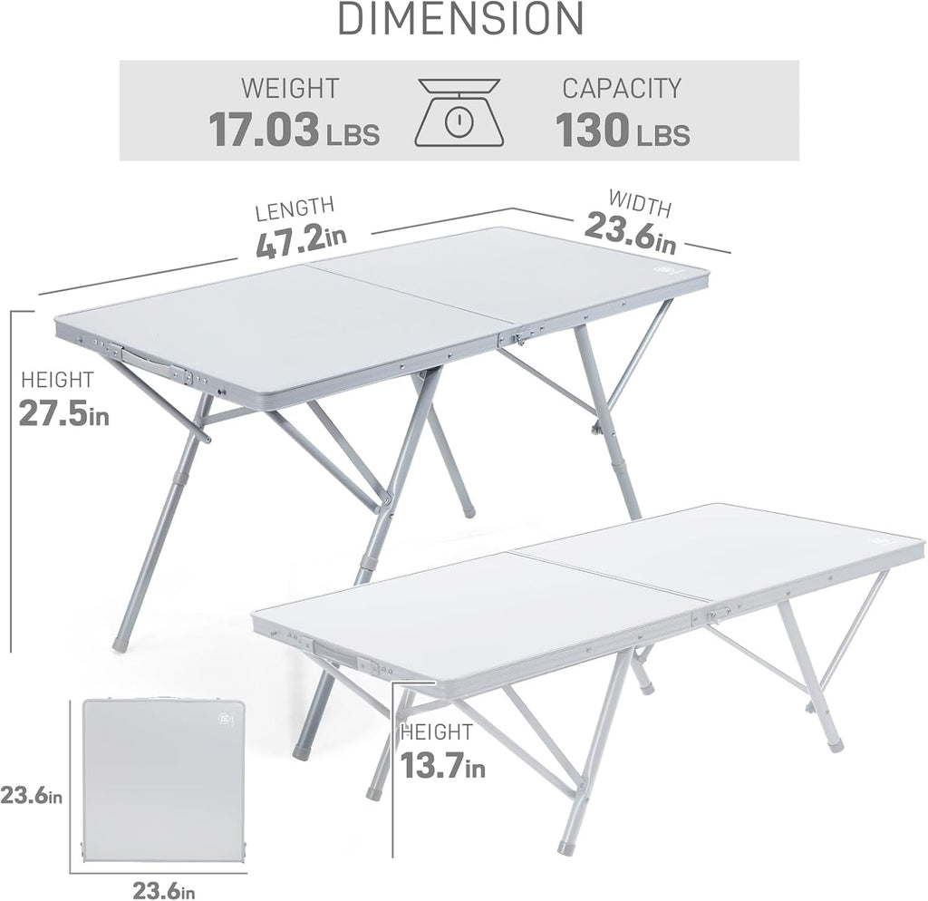 EVER ADVANCED Large Camping Table for 4-6 Person, Portable Folding Aluminum Table with Carrying Handle, Suitable for BBQ, Picnic, Camping and Indoor Use, Support up to 130LBS, Silver