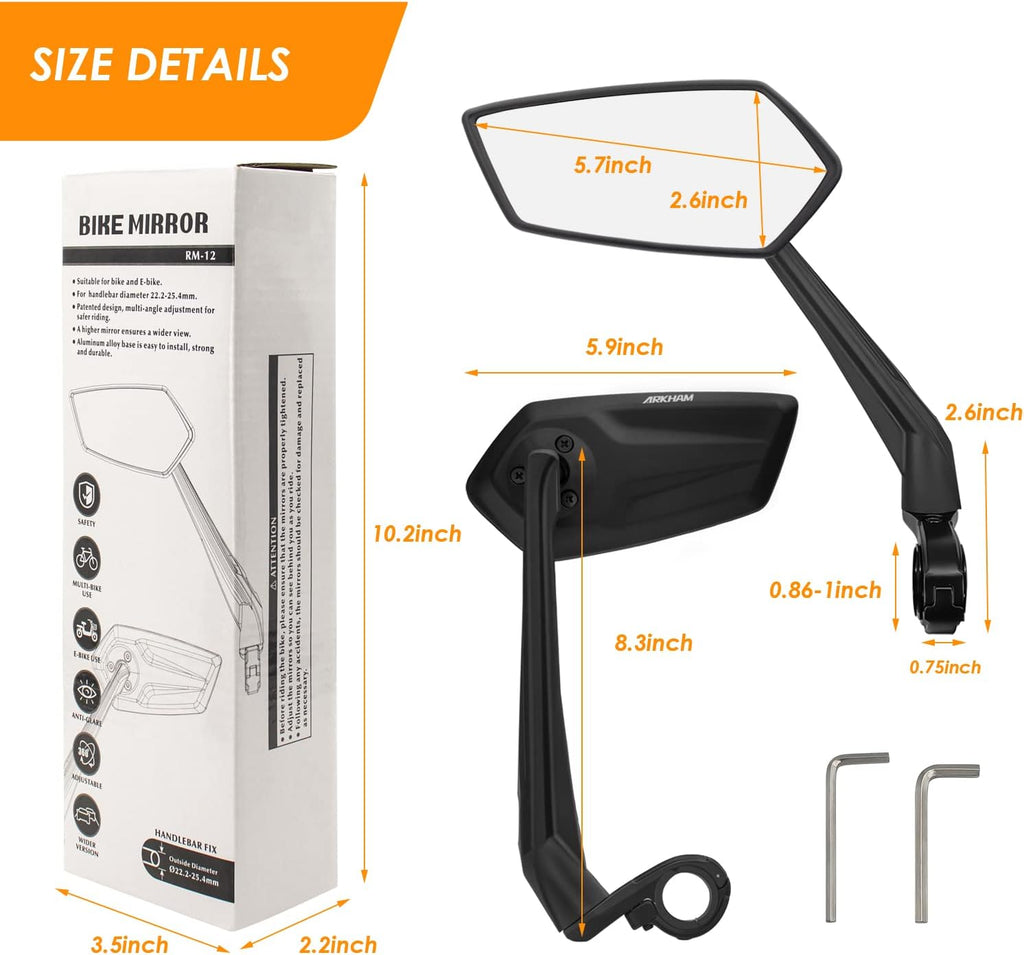 Arkham Bike Mirror for Handlebar Adjustable Bicycle Rear View Mirror 360 Rotatable, HD Glass Bicycle Mirror Shakeproof, Easy Installation,Wide View Angle, Essential Bike Tool for All Bicyclists,Right