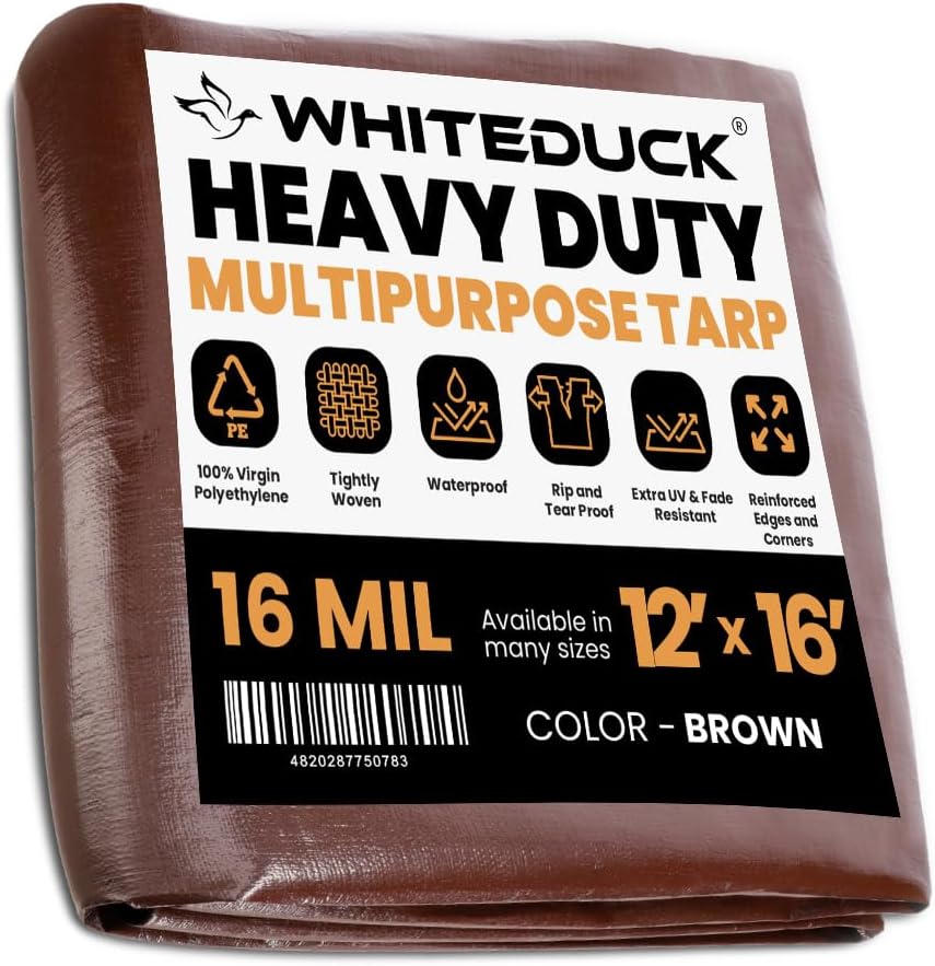 WHITEDUCK Super Heavy Duty Poly Tarp Cover 16 Mil with Grommets and Reinforced Edges (Brown- 16 Mil, 12' x 16')