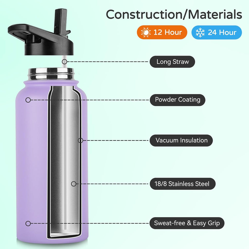 DOMICARE 32 oz Insulated Water Bottle Bulk, Vacuum Insulated Stainless Steel Sports Water Bottle with Straw Lid & Spout Lid, Leakproof, Reusable - Travel, Camping, Bike, Purple (4 Pack)