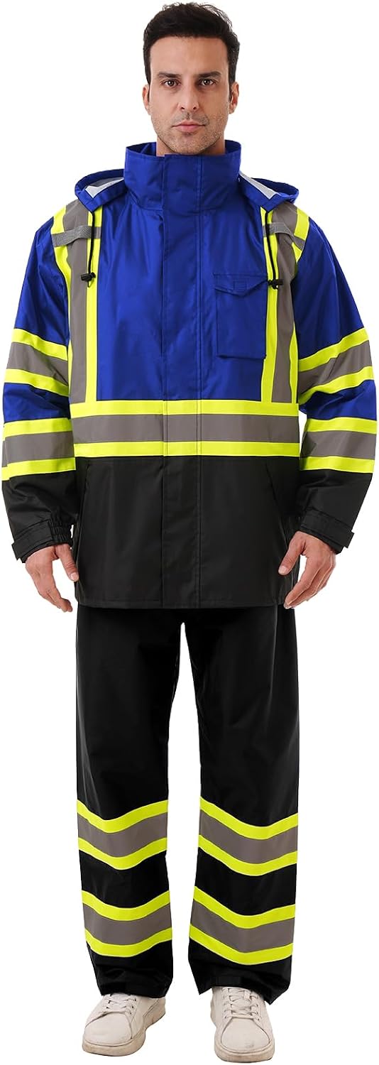 Hi Vis Rain Jacket with 3M Reflective Stripe,High Visibility Class 3 Rain coats,Safety Waterproof Rain Suits for Men with Hood and 2 Large Pockets construction work rain gear(Black S)