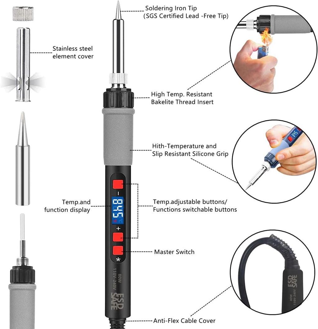 Soldering Iron Kit, 80W Electric Solder iron, Adjustable Temperature (180°C- 500°C）, With Multimeter, Magnifier Welding Helping Hand, Heat shrink tubing, Solder Wire, Desoldering pump.