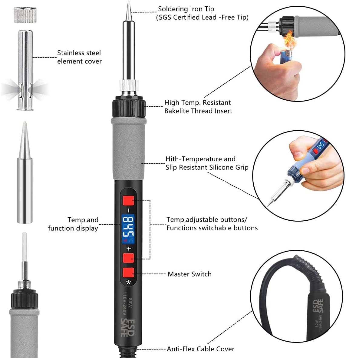 Soldering Iron Kit, 80W Electric Solder iron, Adjustable Temperature (180°C- 500°C）, With Multimeter, Magnifier Welding Helping Hand, Heat shrink tubing, Solder Wire, Desoldering pump.