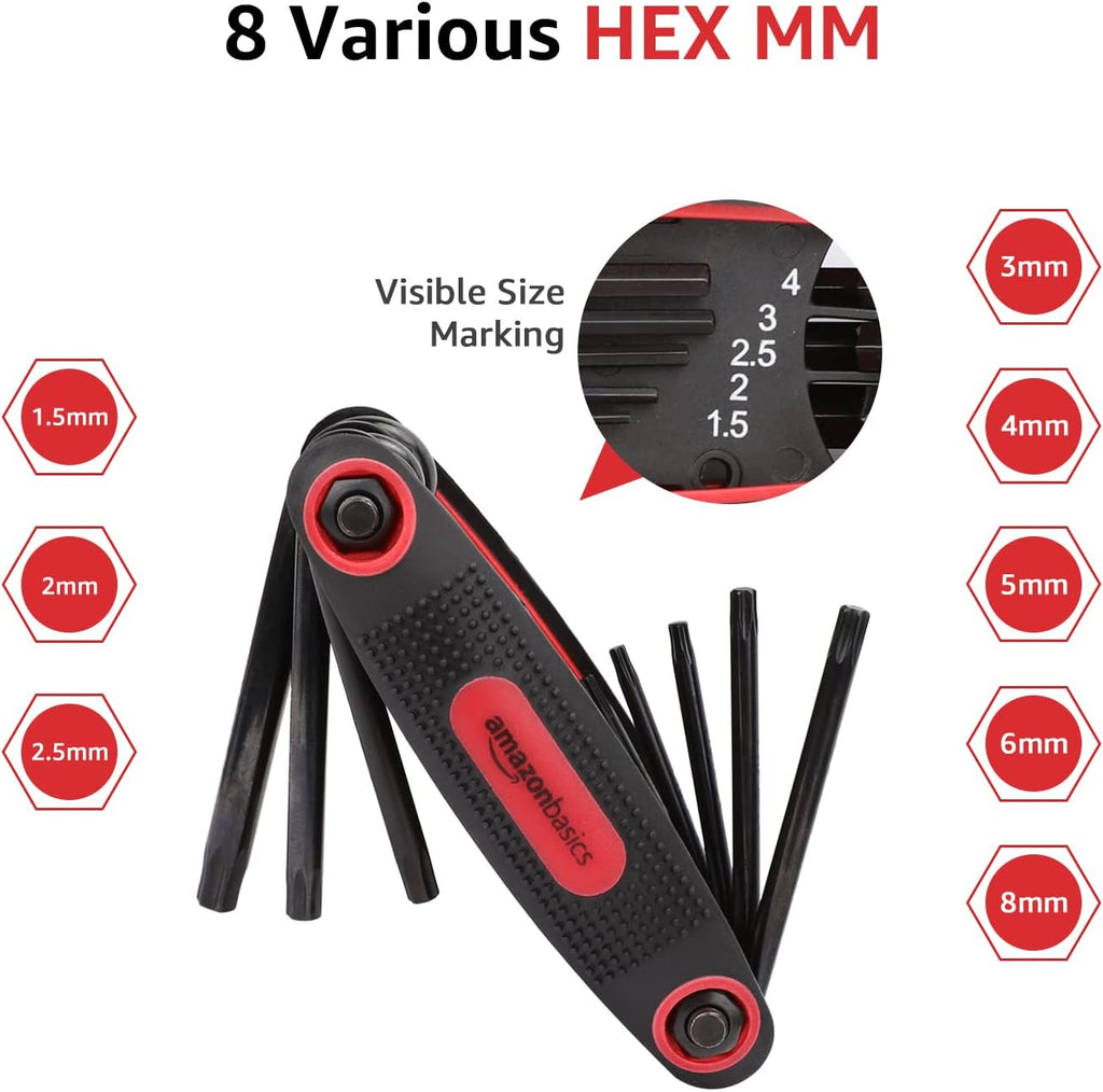 Amazon Basics Folding Hex Key Set, Metric, SAE, and Star Sizes, Chrome Vanadium Steel, 3-Pack