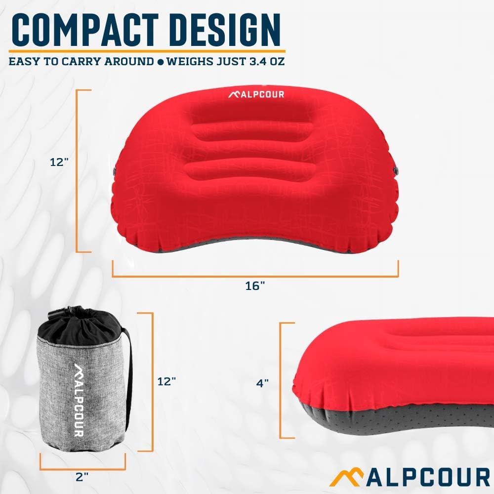Alpcour Camping Pillow – Large, Inflatable, Ultralight Sleeping Pillow with Easy Blow Up Design, Soft Waterproof Exterior Cover and Compact Carry Case for Hiking, Backpacking, Airplane Travel & More