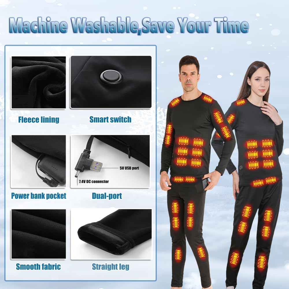 Heated Thermal Underwear for Men Women USB Charge 42 Zone Intelligent Heated Long Johns for Men Women & XS-4XL