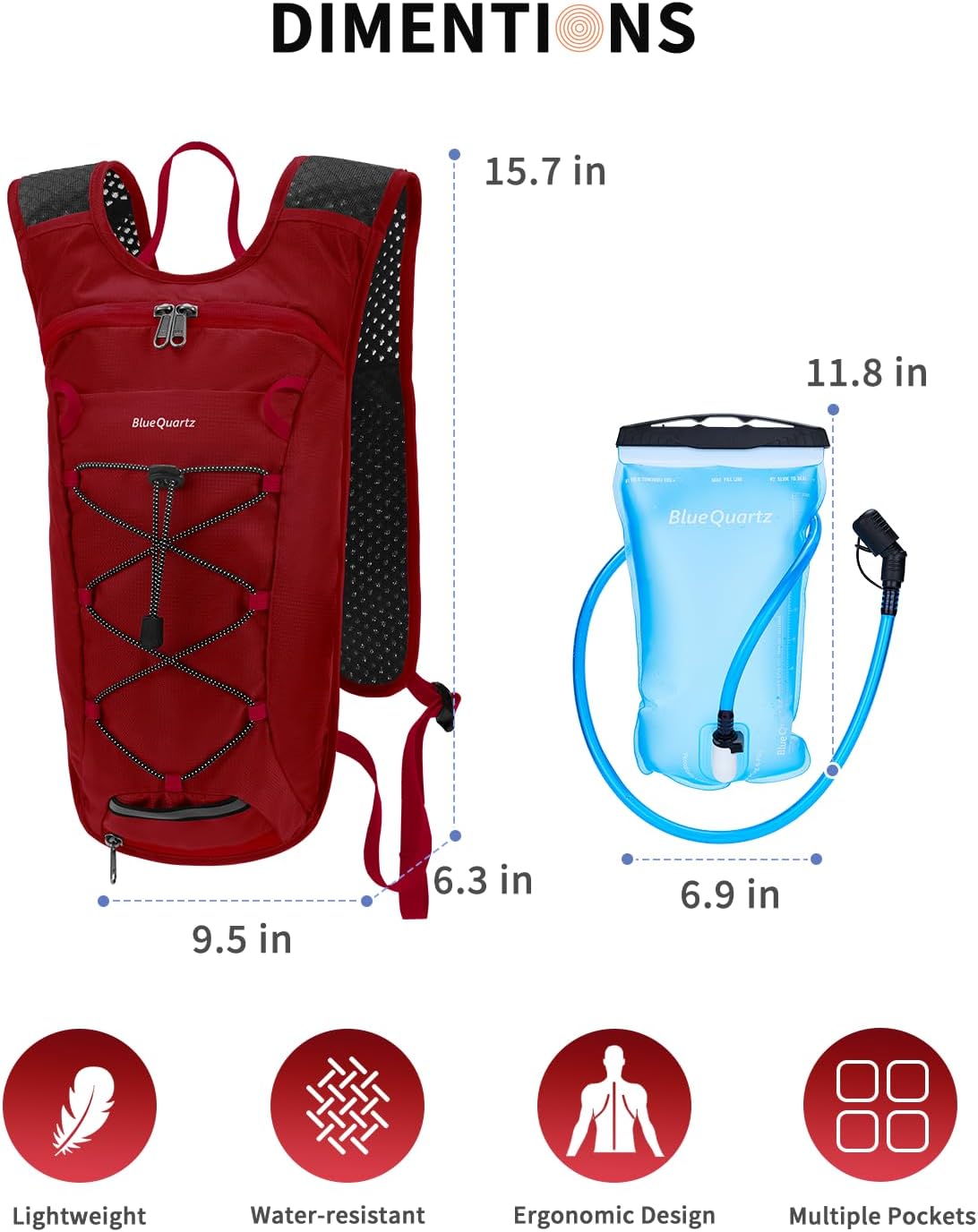 Blue Quartz Hydration Backpack with 2L Water Bladder, Hiking Water Pack with Insulated Compartment for Women Men, Lightweight Cycling Daypack with Phone Pocket, Hydration Pack for Running,Biking