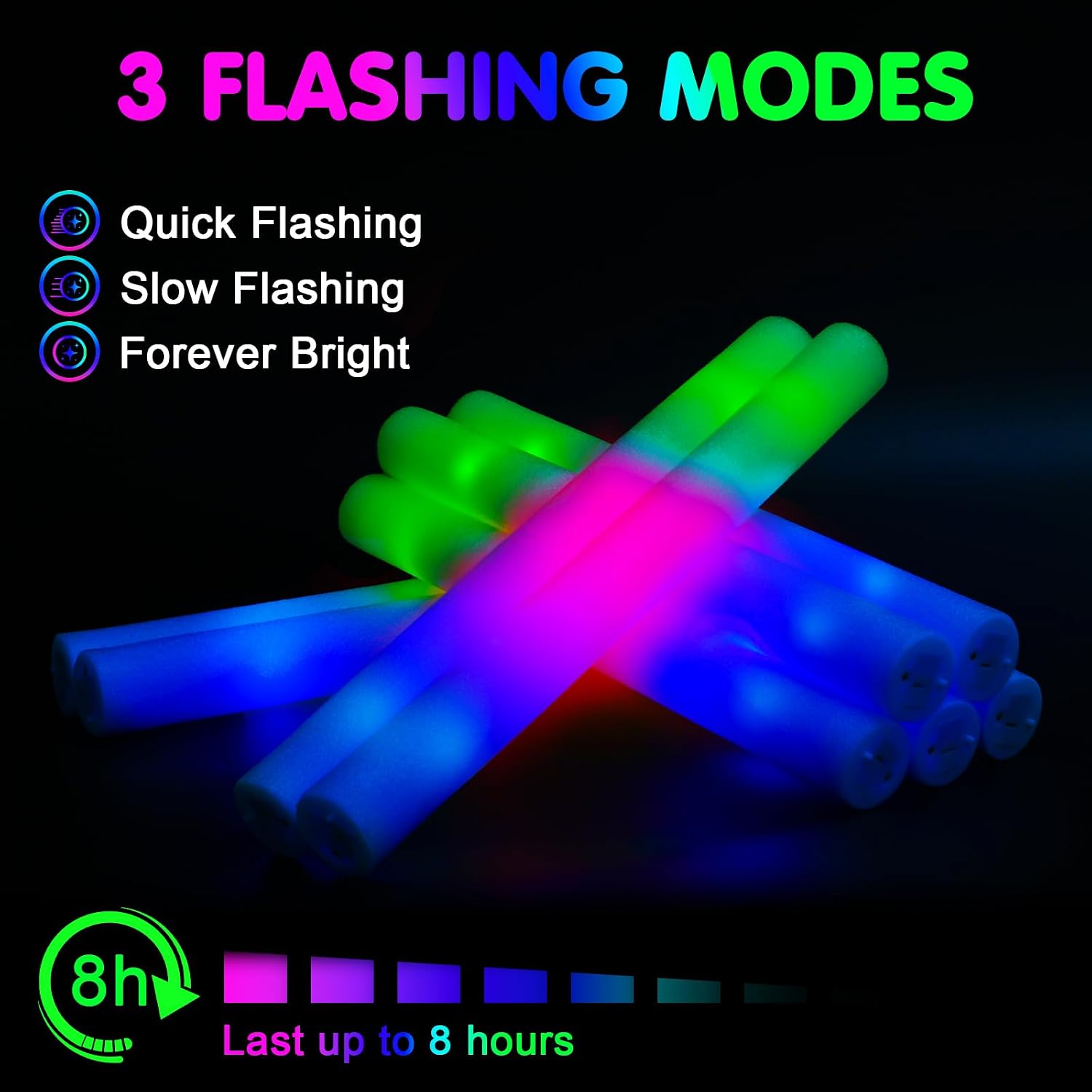 wellent 225 Foam Glow Sticks, Foam Light Up Sticks Party Supplies with 3 Mode Colorful Flashing, Glow Sticks Bulk Party Pack, Led Foam Sticks for Birthday, Wedding, New Year, Carnival, Concert