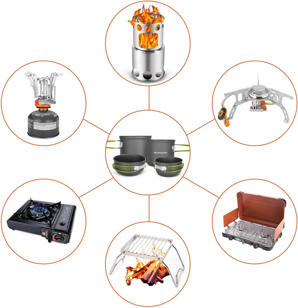 Odoland 16pcs Camping Cookware Mess Kit, Lightweight Pot Pan Mini Stove with 2 Cups, Fork Spoon Kits for Backpacking, Outdoor Camping Hiking and Picnic