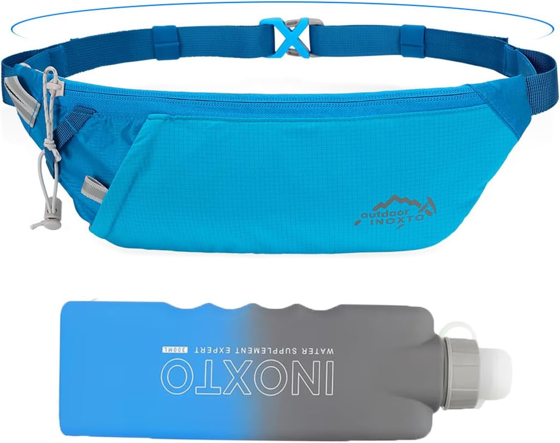 INOXTO Slim Running Belt Fanny Pack for Women and Men Sports Waist Bag Pack with 300ml Water Bottle for Running Walking Cycling Hiking Reflective Running Pouch Belt for All Phones (Black) (Blue)