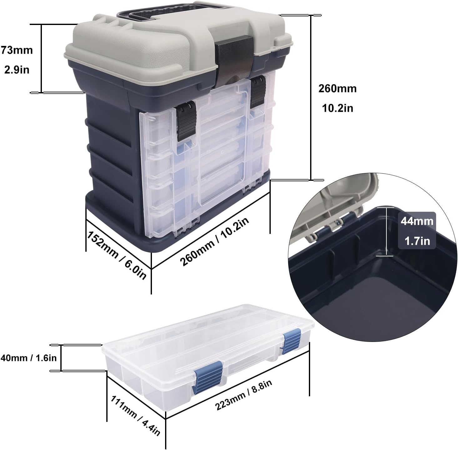 Fishing Tackle Box, 4 Layers Fishing Box, Tackle Boxes, Quick-Access Top Storage with Lid for Fishing Gear and Accessories,（Grey）by KUKLIPJIM