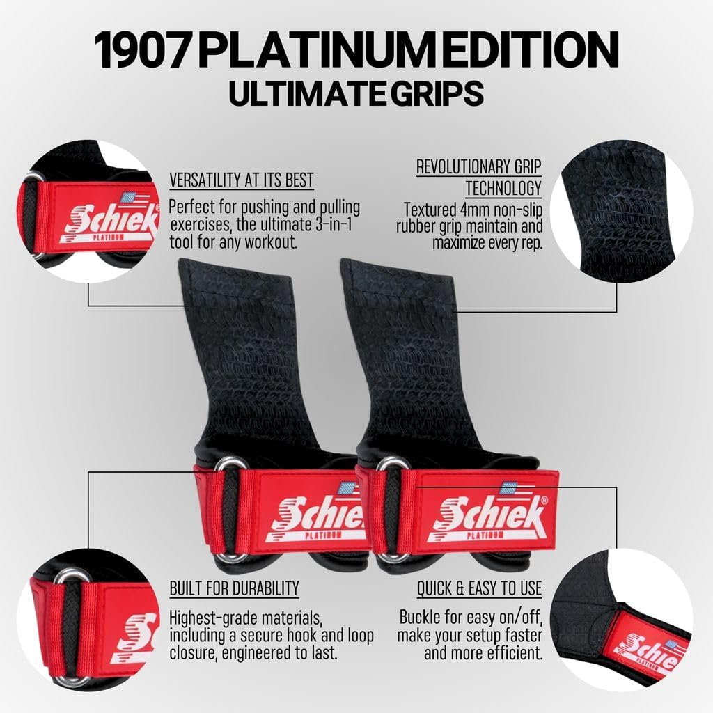 Schiek Sports Model 1907 Platinum Edition Ultimate Grips - 3 in 1 Weight Lifting Straps Wrist Wraps and Grip Pads