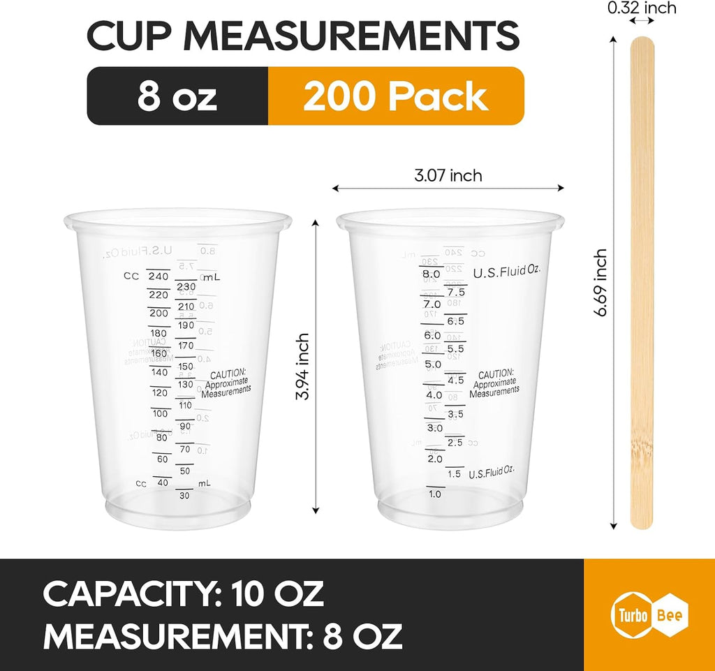Turbo Bee Plastic Measuring Cups 8OZ,200 PACK Disposable Mixing Cups with 200 Mixing Sticks,Paint Graduated Measuring Tumblers for Epoxy Resin, Paint Mixing, Art DIY