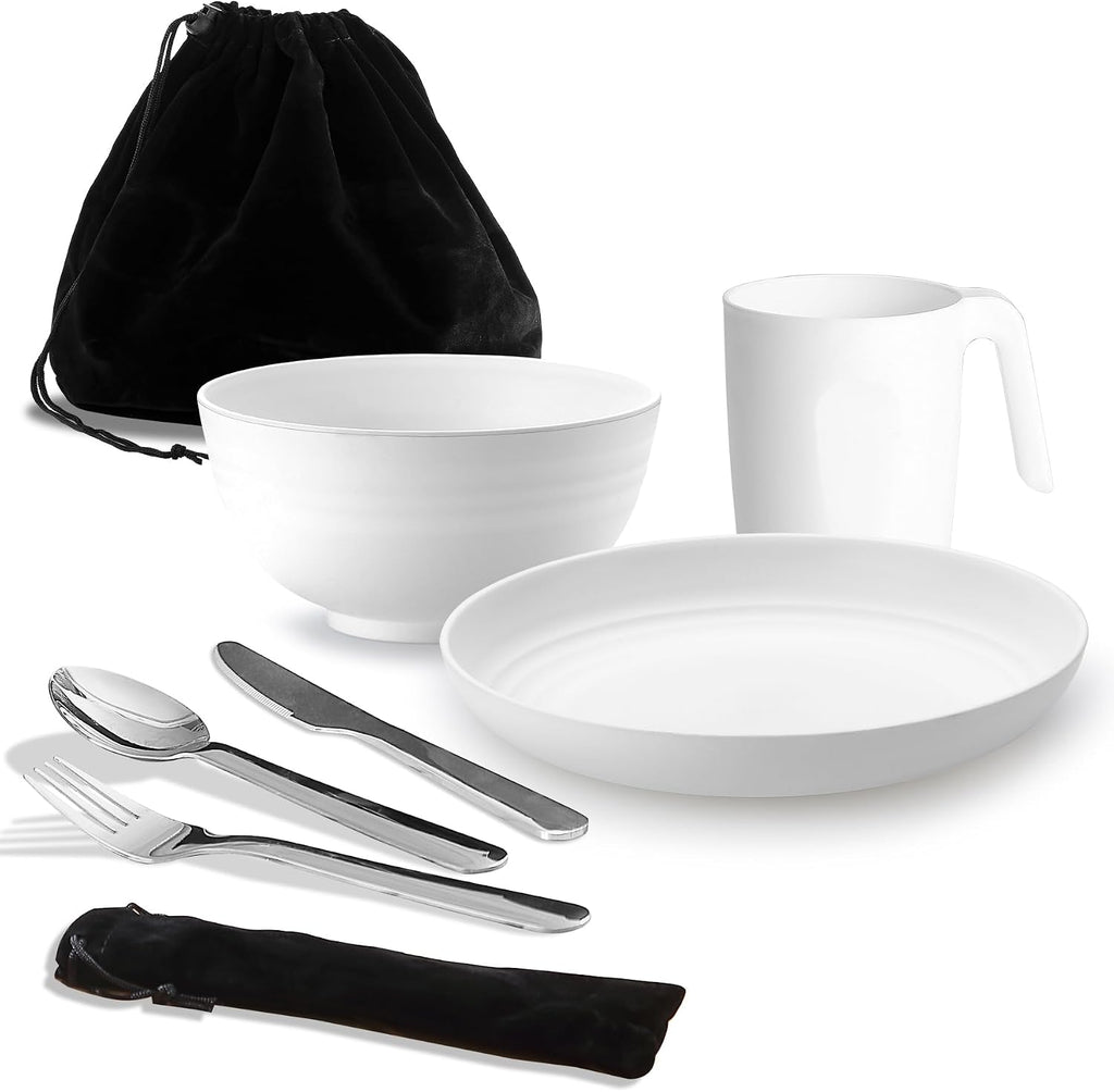 Camping Utensils, Reanea Camping Mess Kit for Travel, Camping, Picnic, Outdoor, Camping Gear Include Knife, Spoon, Fork Cutlery Set, Cup, Bowl, Plate, Camping Essentials for 1