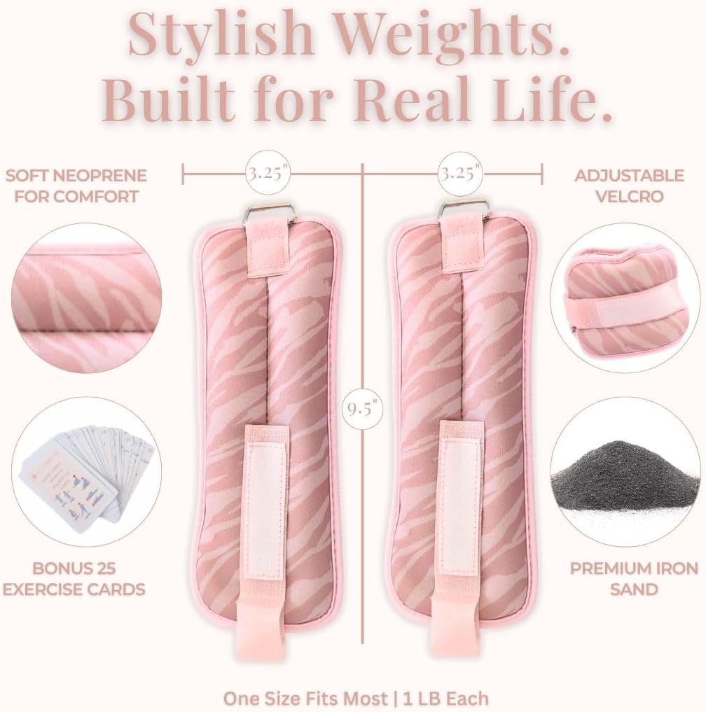 Wrist & Ankle Weights for Women, Ideal for Fitness Workout, Gym, Pilates, Dance, or Yoga, Includes Exercise Guide & Mesh Travel Bag, 1 Pair, 1 Lb Each, Pink Zebra Print