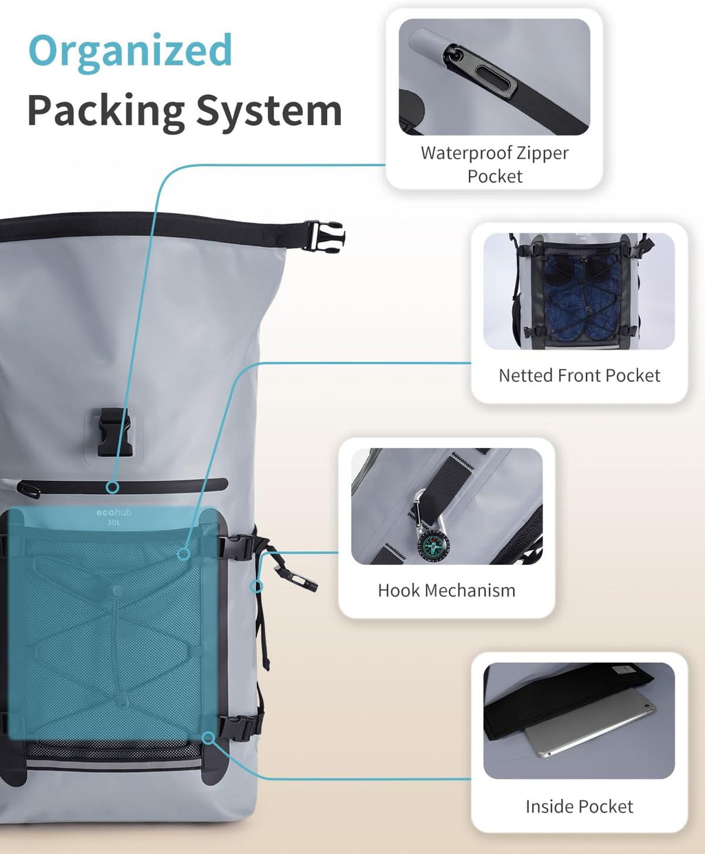 ECOHUB Waterproof Backpack, 30L Roll-Top Closure Heavy Duty Dry Bag