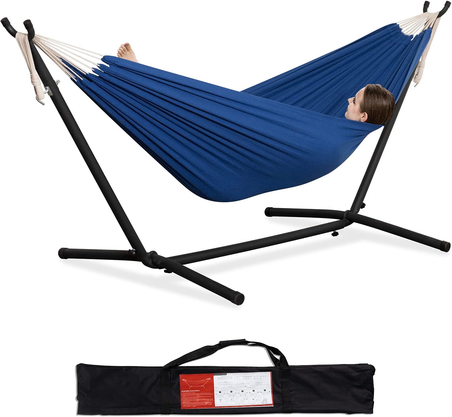 PNAEUT Double Hammock with Stand for Outside, Heavy-Duty, Portable (Navy)