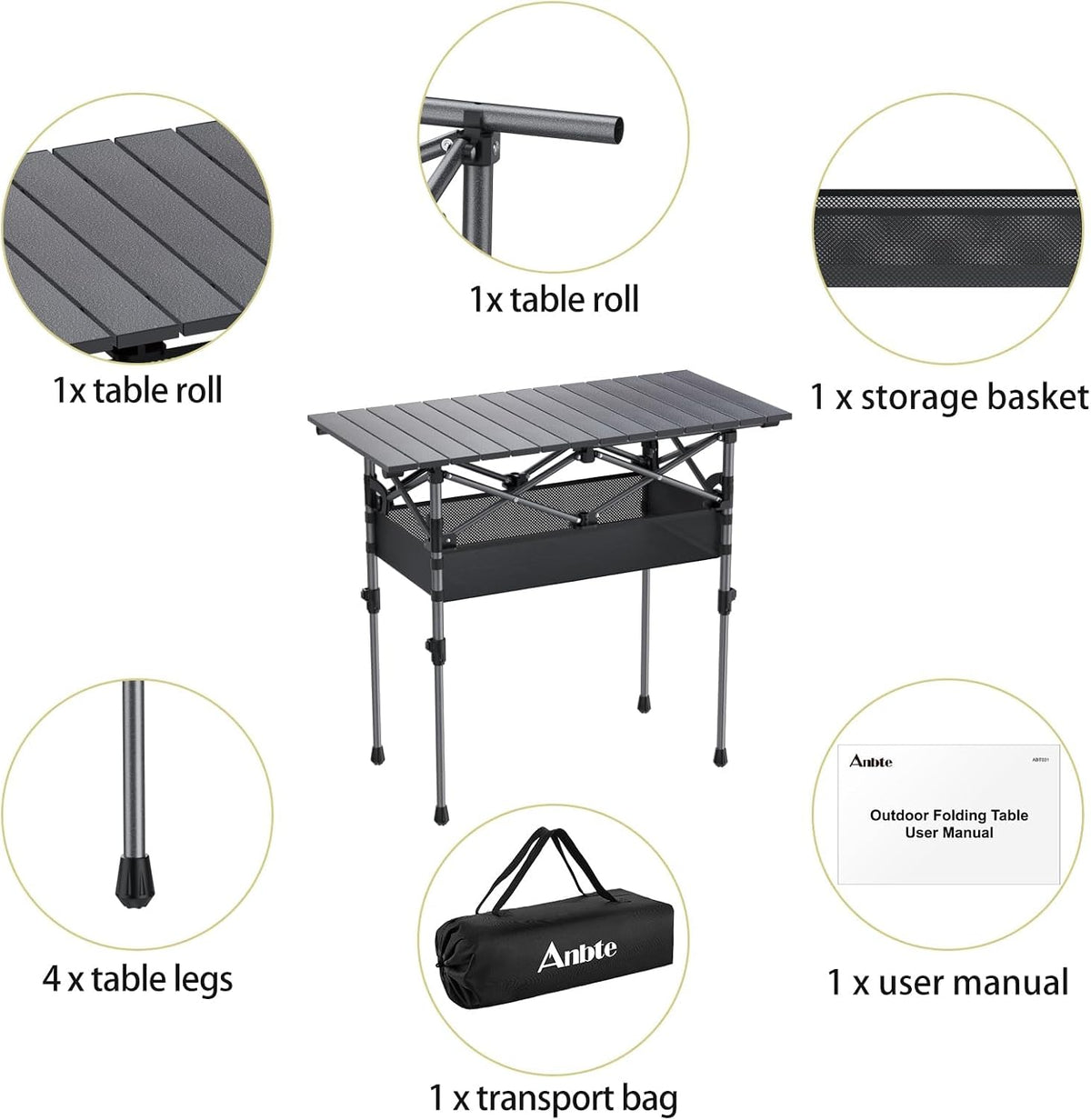 Anbte 3ft Aluminum Roll Top Folding Camping Table, Portable, 32”X16”, Black
