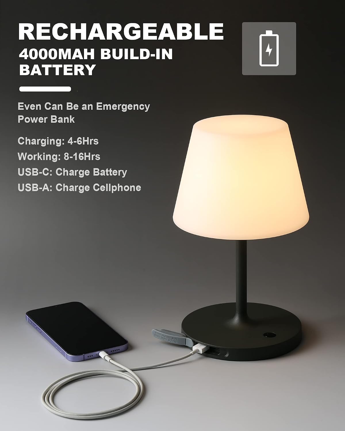 WEILAILUX Outdoor Battery Operated Table Lamp Waterproof, 4000mAh Cordless Table Lamp Rechargeable, Touch Dimmable Desk Lamp, LED Night Light for Patio Camping Restaurant Home, H9.6in, Dark Grey