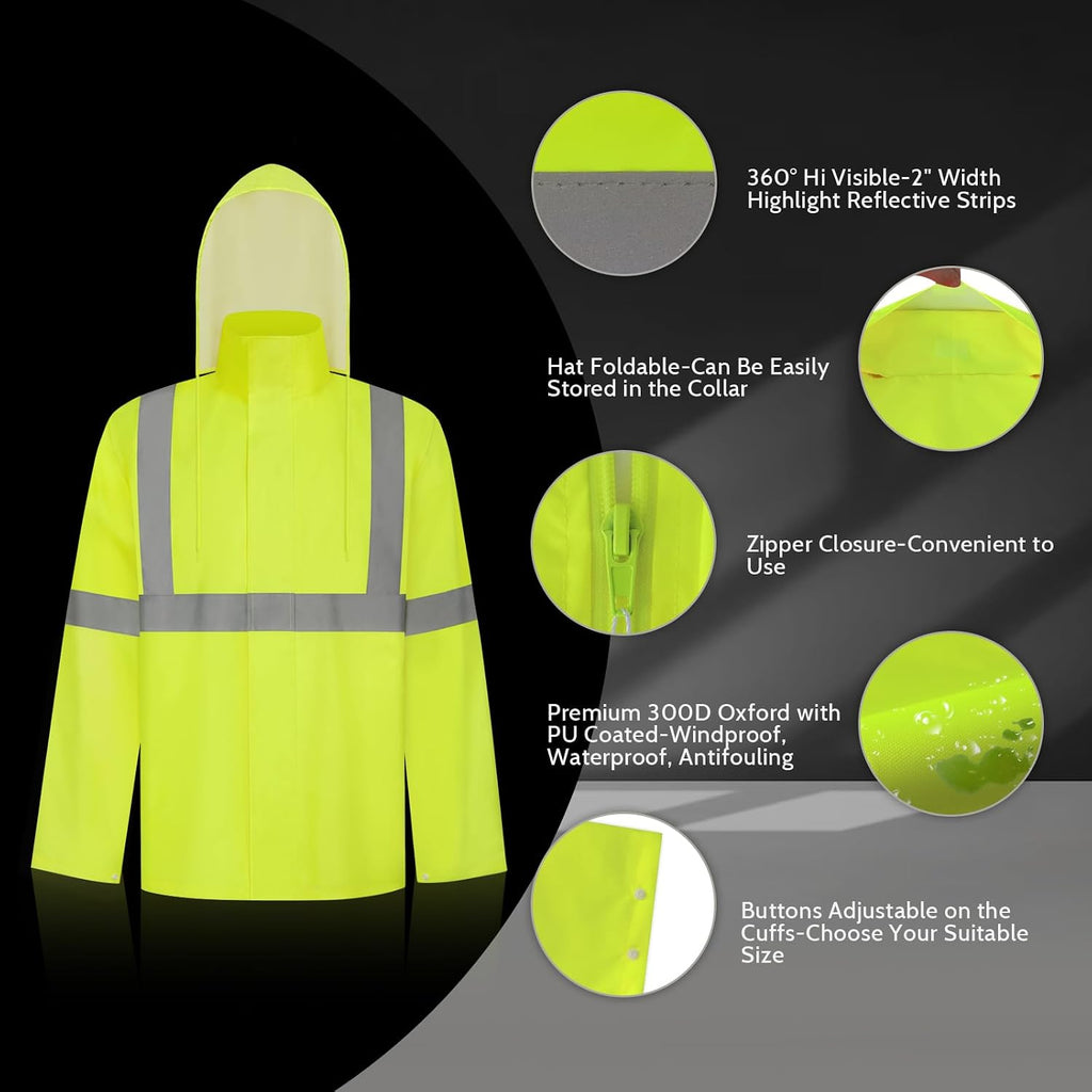 TCCFCCT High Visibility Rain Gear for Men Waterproof High Vis Rain Jacket and Pants, Class 3 Hi Vis Rain Coat for Men with Hood, Lightweight Rain Suits for Mens Outdoors, 4XL-5XL Yellow WP