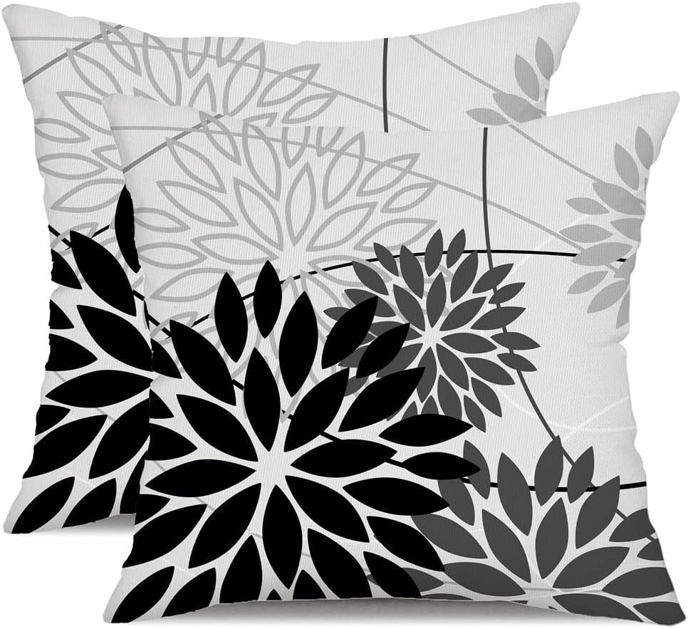 DFXSZ Black Grey Floral Outdoor Pillow Covers 18x18 Set of 2 Waterproof