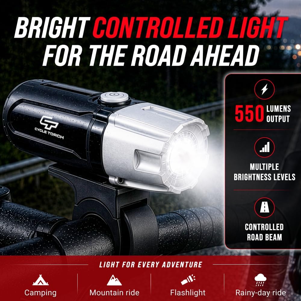 Bike Lights for Night Riding, USB Rechargeable Shark 550 Ultra Bright LED Bike Lights Front and Back Safety Tail Light Included, Bicycle Light Compatible with Mountain, Road, Kids & City Bicycles
