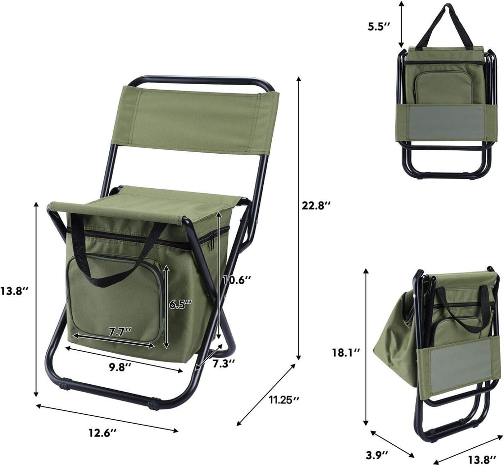 LEADALLWAY Fishing Chair with Cooler Bag Compact Fishing Stool Foldable Small Hunting Chair 12.2" Seat Depth,12.6" Seat Width