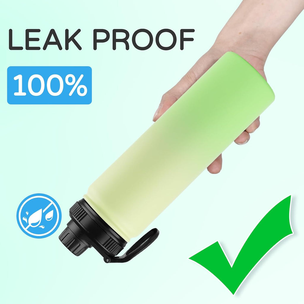 DOMICARE Insulated Water Bottle, 22 oz Vacuum Insulated Stainless Steel Reusable Sports Bottle with Straw Lid & Spout Lid for Travel, Camping, Bike, Leakproof, Green Gradient, 4 Pack