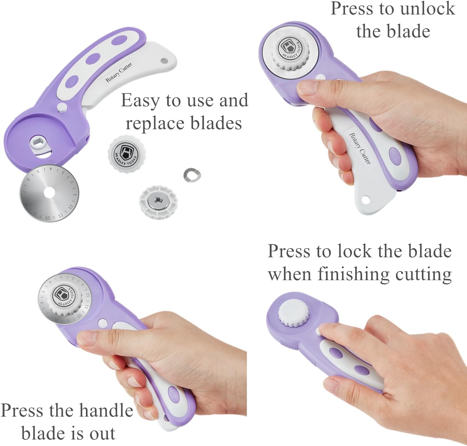 Headley Tools Rotary Cutter Set - 45mm Fabric Cutter, 5 Extra Rotary Blades, A3 Cutting Mat, Quilting Ruler and Sewing Clips, Craft Knife Set, Ideal for Crafting, Sewing, Patchworking, Purple