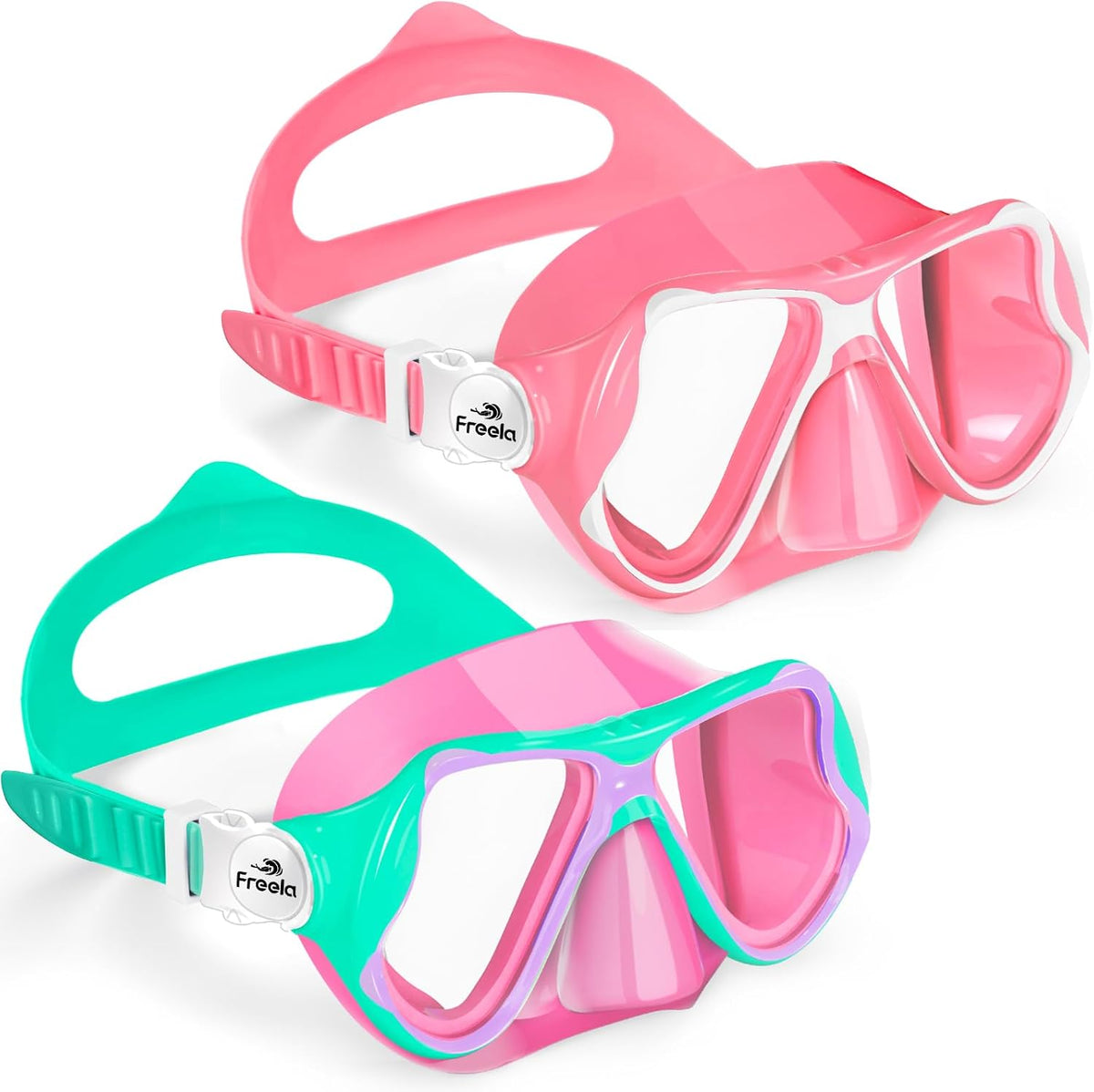 Freela Kids Swim Goggles Mask Tempered Glass Lens 180° View with Nose Cover