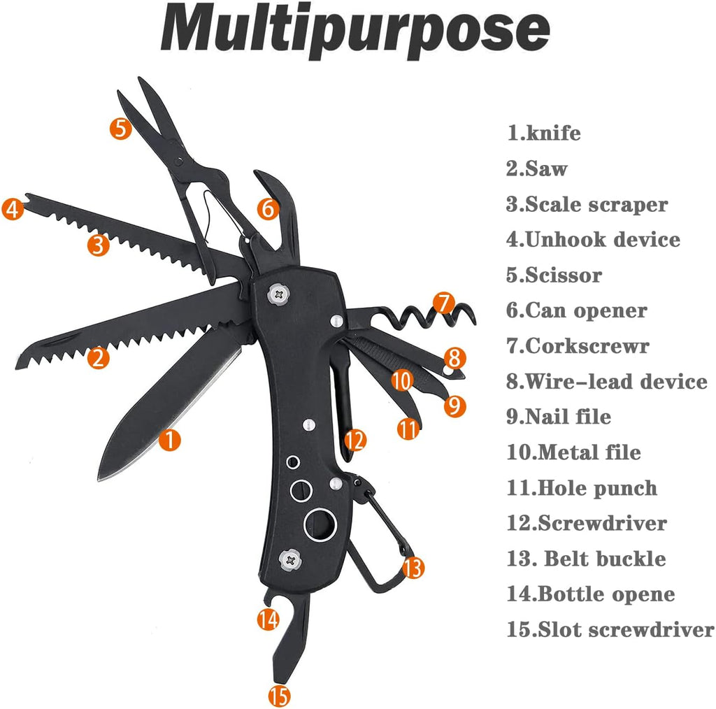 Swiss Small Pocket Knife, 15-in-1 Multitool for Camping, Hiking & EDC