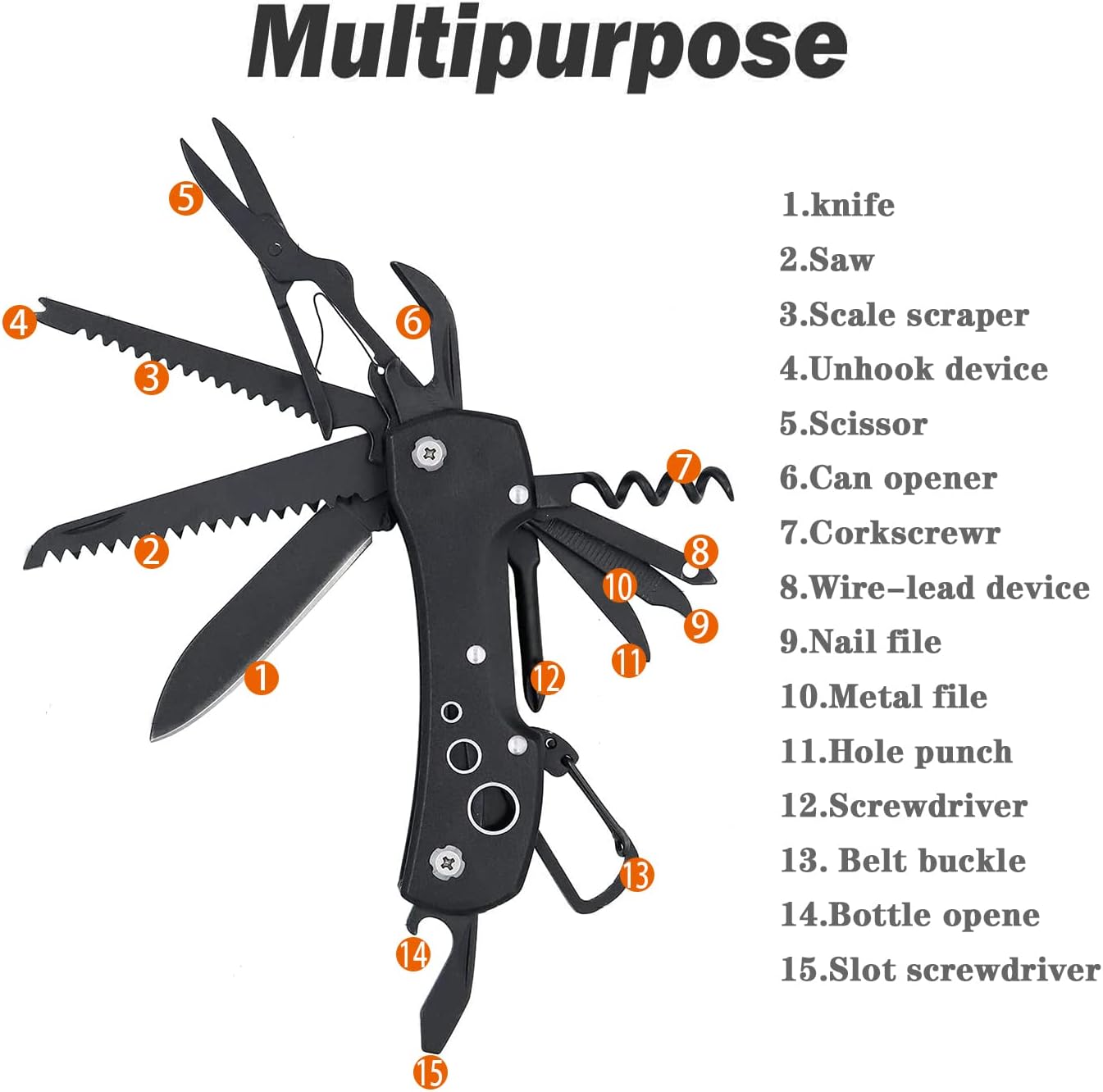 Swiss Small Pocket Knife, 15-in-1 Multitool for Camping, Hiking & EDC