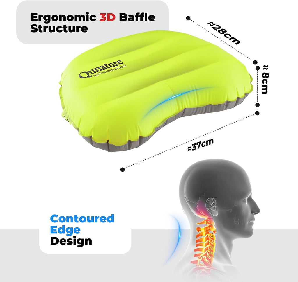 Ultralight Inflatable Camping Pillow, 70g Adjustable TPU Cushion, 20D Nylon Durable, Ergonomic Baffle for Neck & Lumbar, Compact for Hiking Airplane, Lemon Green