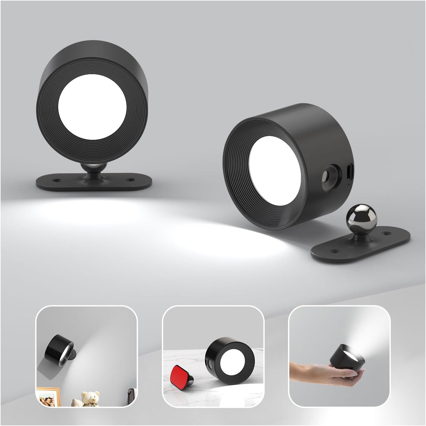 Koopala 2PCS Rechargeable Battery Operated LED Wall Lamps, Wall Mounted Lights with 3 Brightness 3 Color Temp Removable Charging 360°Rotate Magnetic, Cordless Wall Sconces for Reading Bedside-Black