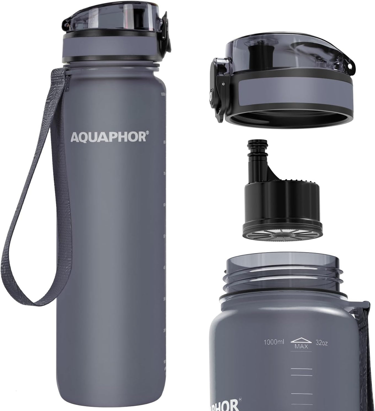 Nakii Filtered Water Bottle, Leakproof, BPA-Free, Motivational Markings, Travel, Everyday Use. 40-Gallon Filter, Replaces 300 Plastic Water Bottles. Includes 1 Filter, 22 FL Oz, Grey by Aquaphor