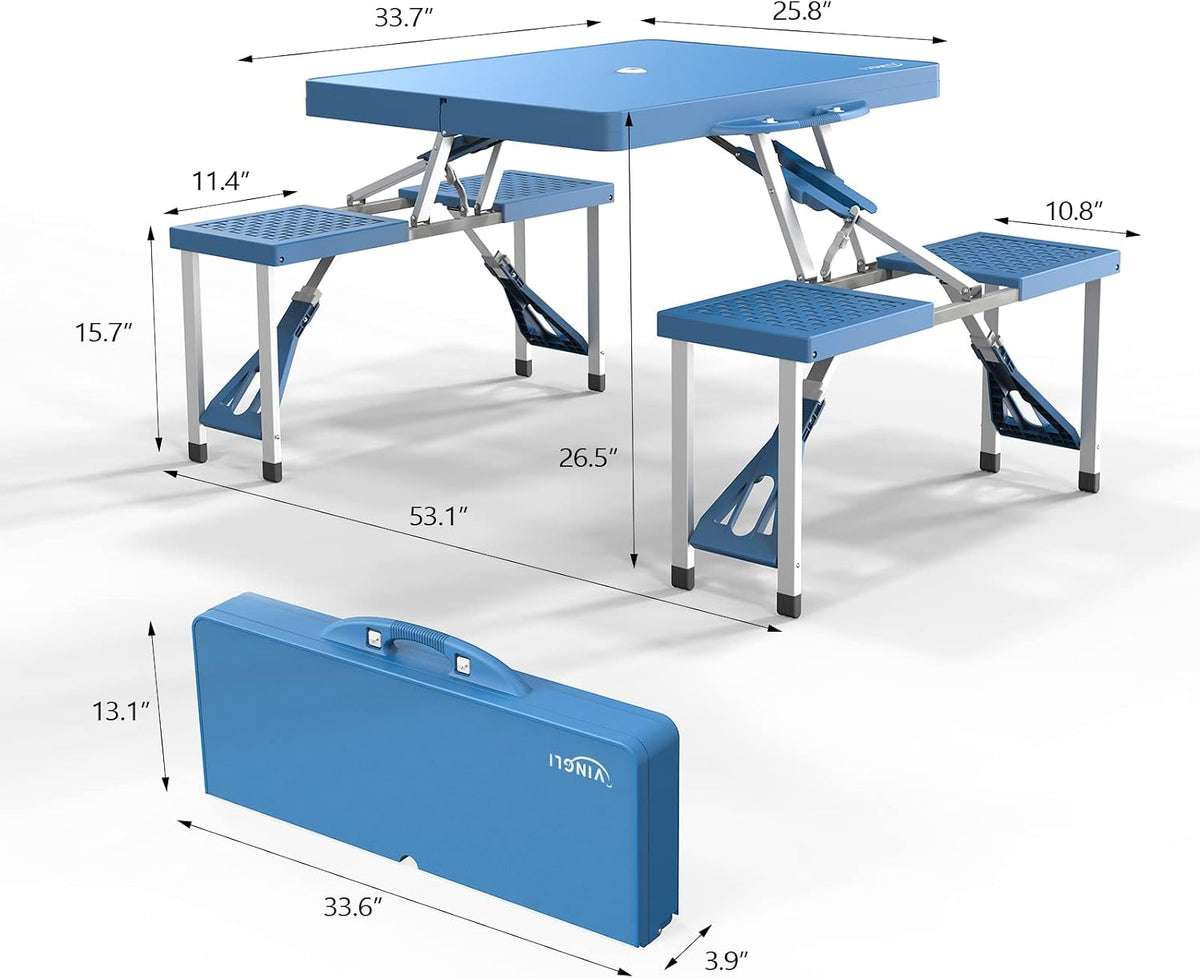 VINGLI 4 Ft Camping Picnic Table Set with 4 Seats with Umbrella Hole Folding Lightweight Suitcase Card Table-220 Lbs Support Aluminum Frame, Plastic RV Tabletop for Barbecue,Travel,Outing,Gathering