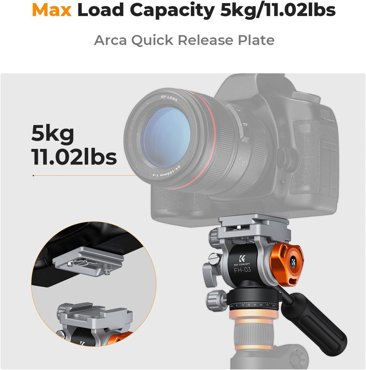 K&F CONCEPT Fluid Head, Silky-Smooth, Stable Tripod Fluid Head for pan and tilt,Arca Swiss-Compatible Fluid Head Mount, max Load 11 lbs/5kg FH-03