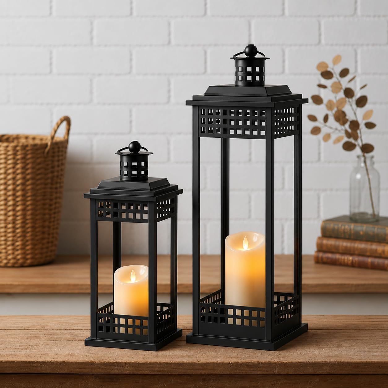 Decorative Candle Lanterns Set of 2, Black Metal for Indoor & Outdoor