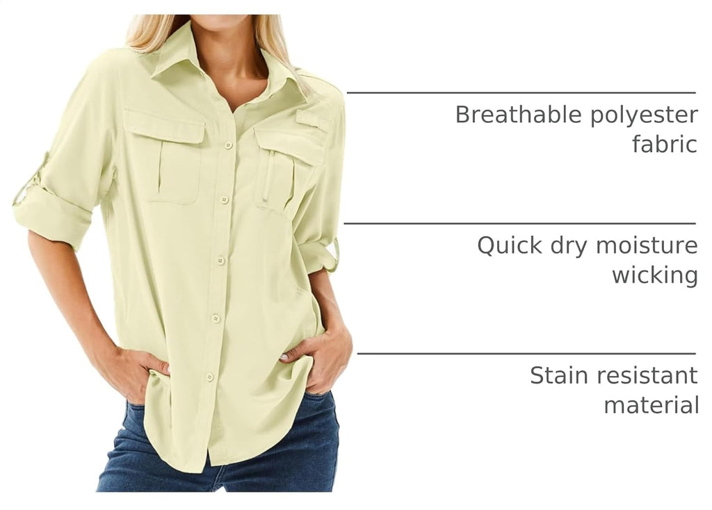 Women's UPF 50 Long Sleeve Sun Protection Safari Fish Hiking Shirts