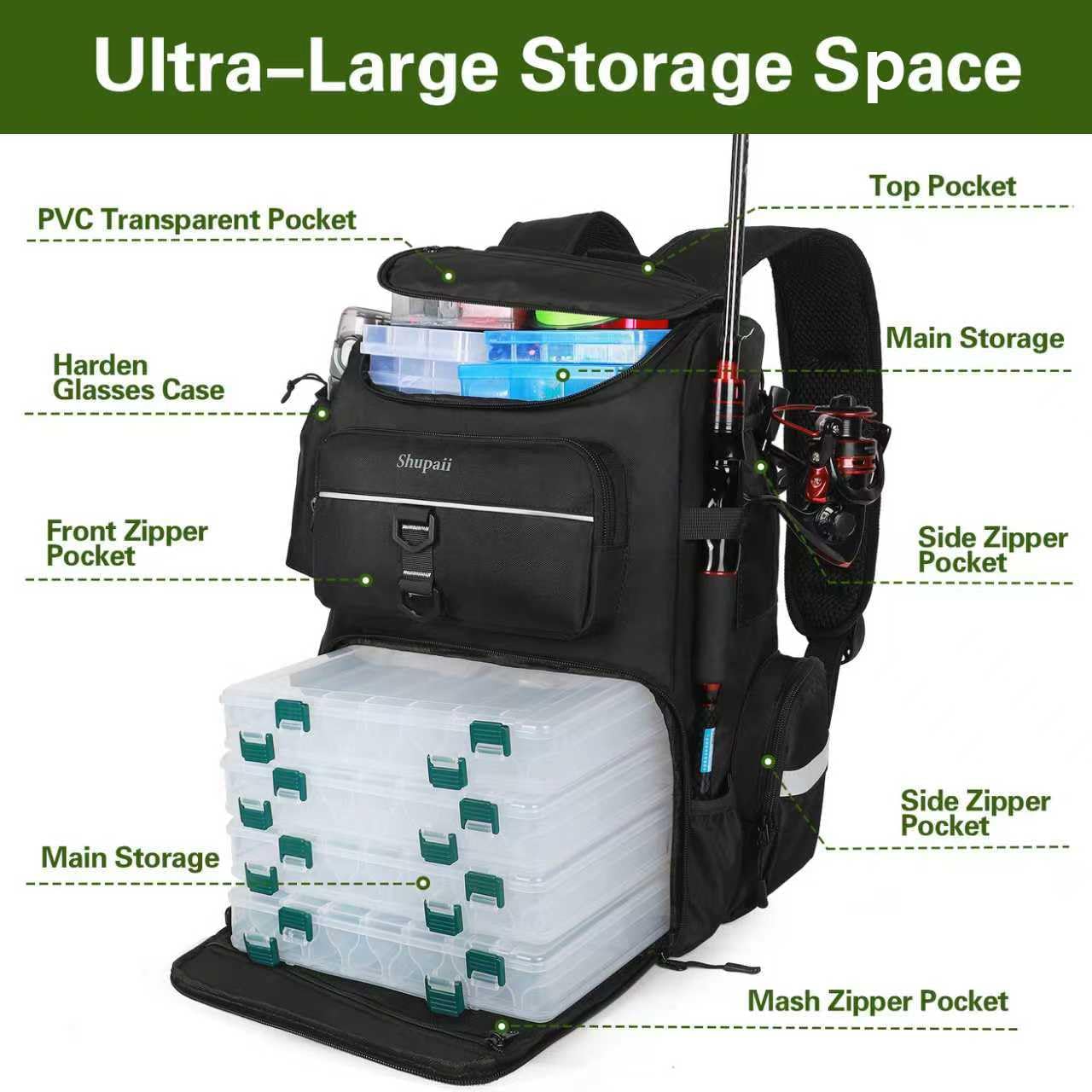 Fishing Backpack with Rod Holder, 45L Capacity Tackle Storage Bag