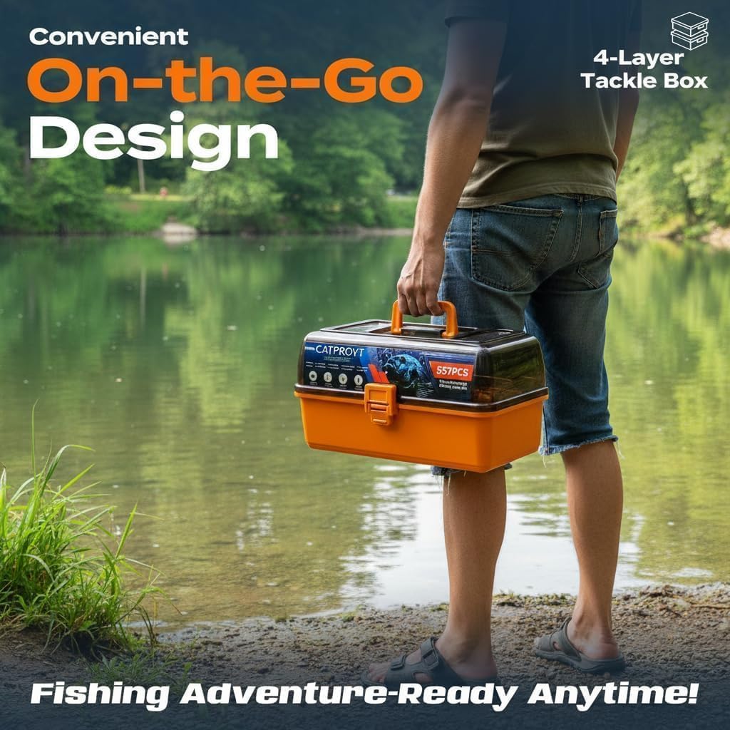 Waterproof 4-Tray Tackle Box with Tackle 557 Pcs Fishing Gear Kit