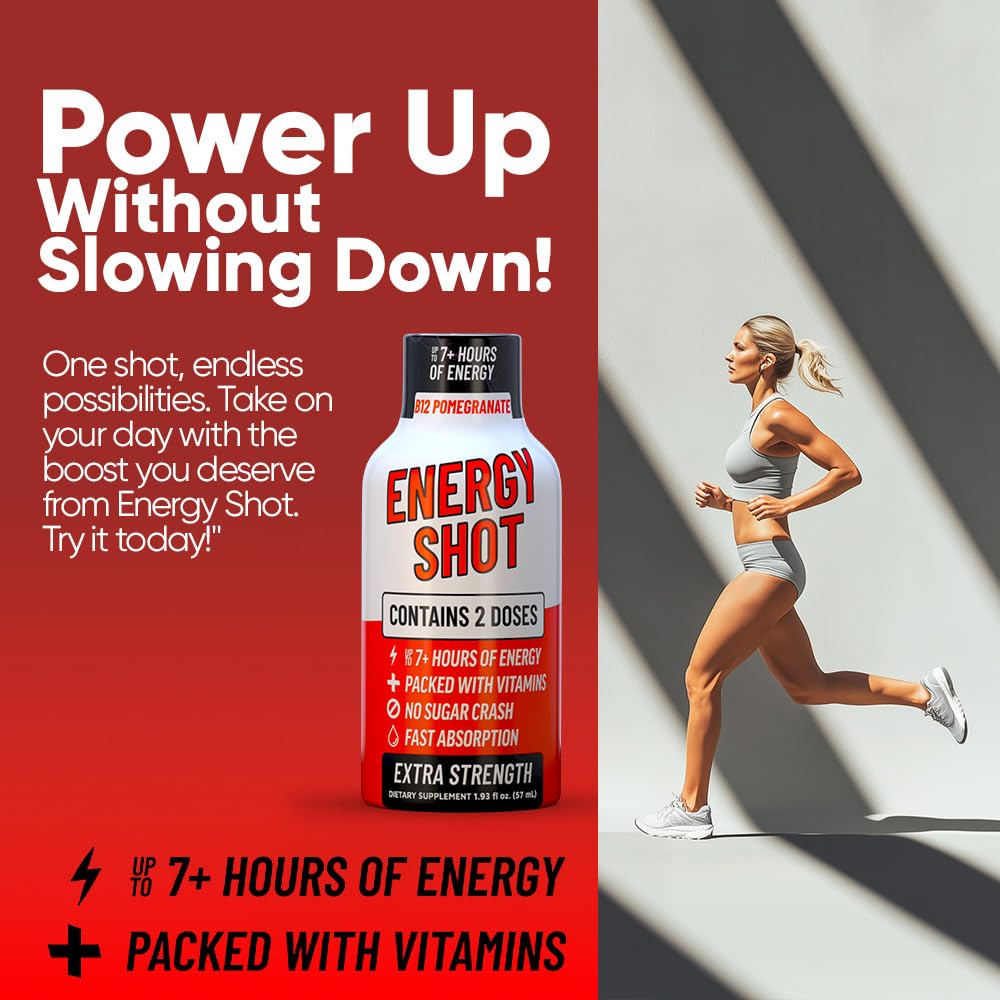 B12 Pomegranate Extra Strength Energy Shot 48 PK – 260mg Natural Caffeine B12 B6 – Energy & Vitality Support – 2 Servings Sugar Free Zero Calorie Green Tea B-Vitamins Electrolytes Vegan – 1.93 fl oz