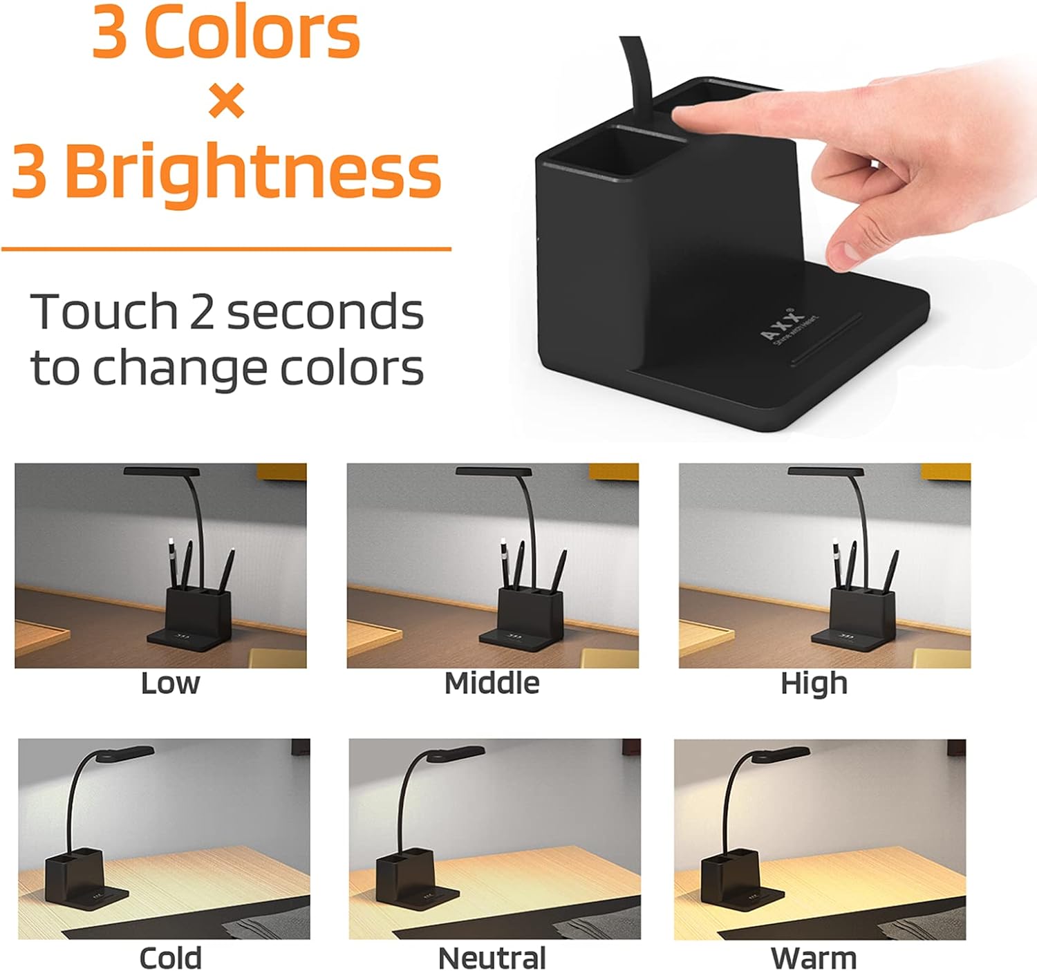 AXX Black LED Desk Lamp, Battery Operated Small Table Light for Dorm Room