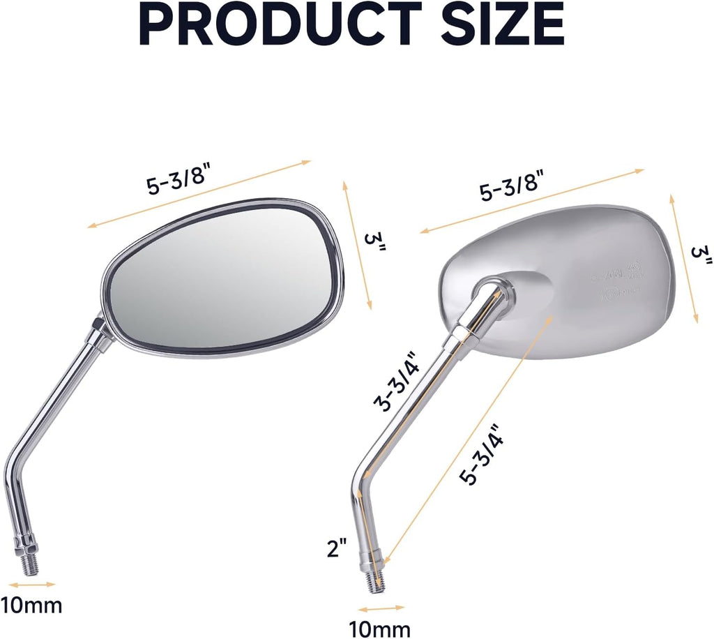 Universal Motorcycle Mirrors - M10 Chrome Oval Handlebar Rearview Mirrors Compatible with Honda Shadow MSX125 Kawasaki Vulcan Z900 Suzuki SV650 Volusia