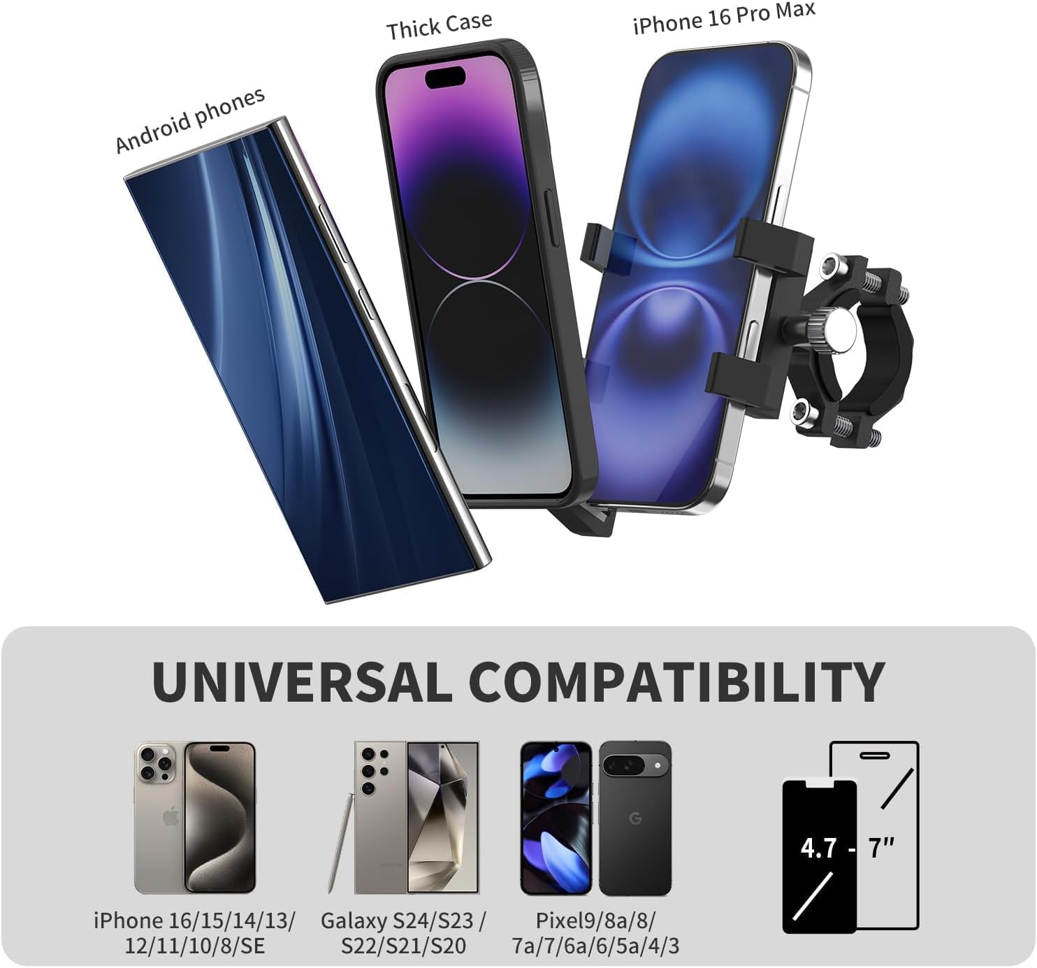 Aluminum Phone Holder for Bike–Universal Bike Cell Phone Holder Fits All Phones 4-7",Waterproof & Shockproof Motorcycle Phone Mount,360° Rotation Bicycle Phone Mount for E-Bike,Scooter,ATV