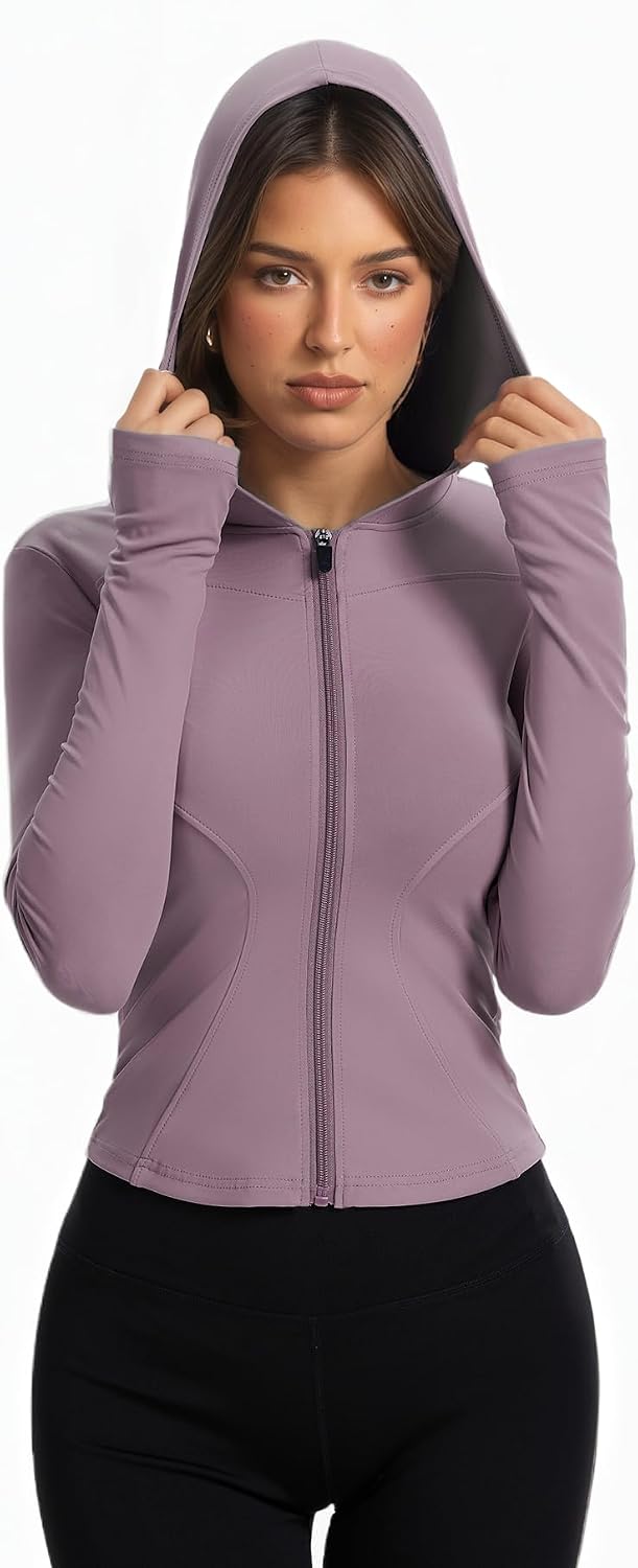 Women Bbl Jackets with Hood Compression Workout Tops Lined or Unlined Lightweight Yoga Gym Jacket with Thumb Hole