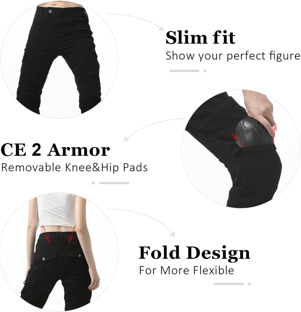 LOMENG Motorcycle Riding Pants Women with CE Level 2 Removable Armor